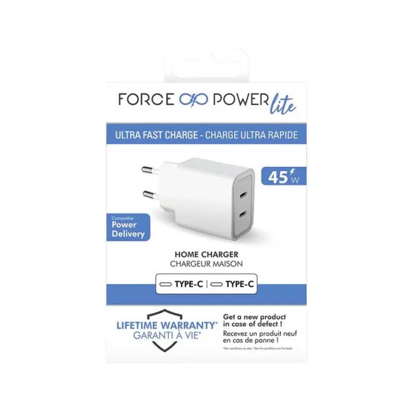 شارژر دیواری 45 وات فورس مدل FPLICS2CC45WPDW PD با دو پورت USB-C