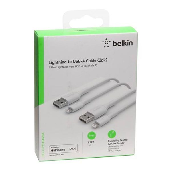 کابل شارژ لایتنینگ به A-USB / بسته بندی ۲ عددی بلکین مدل CAA001bt1MWH2PK | رنگ سفید