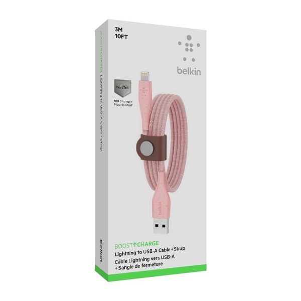کابل شارژ بلکین Lightning to USB-A مدل DuraTek طول ۳ متر | رنگ صورتی