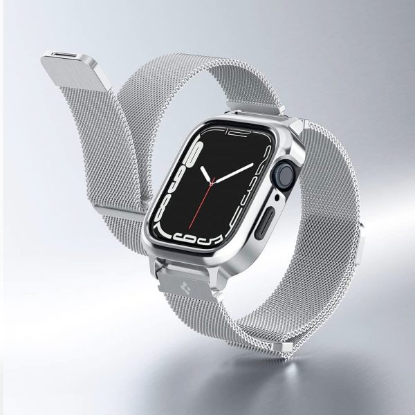 بند و کیس اپل واچ ۴۴/۴۵ میلی‌متری اسپیگن مدل Spigen Metal Fit Pro Case - نقره ای