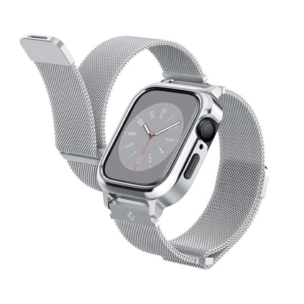 بند و کیس اپل واچ ۴۴/۴۵ میلی‌متری اسپیگن مدل Spigen Metal Fit Pro Case - نقره ای
