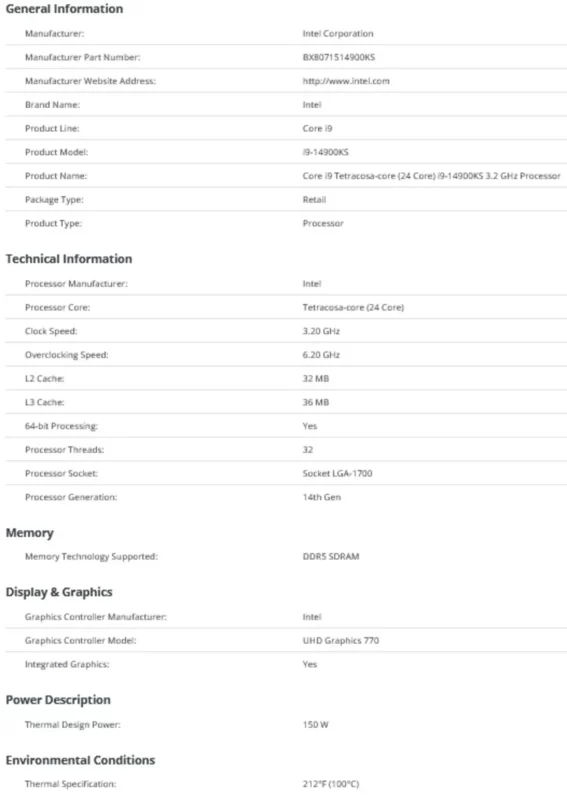 intel core i9 14900 ks specs unofficial