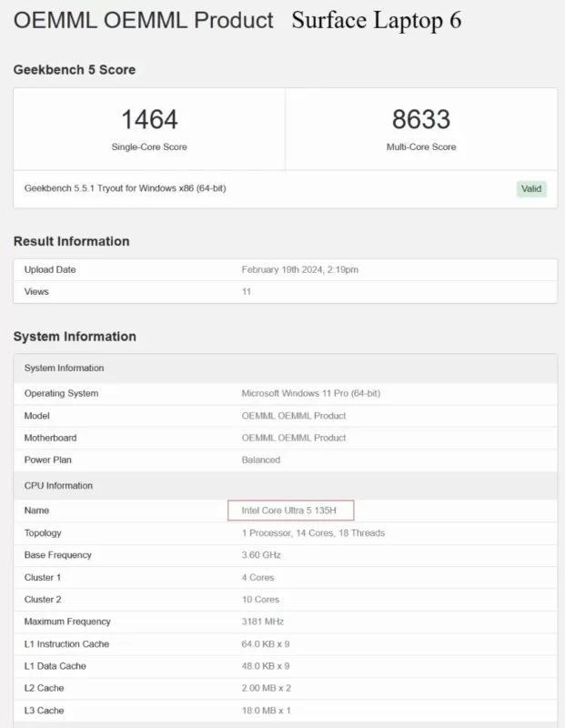 surface laptop 6 benchmark score leak