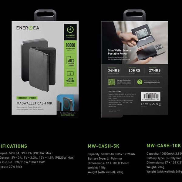 جاکارتی و پاوربانک ۱۰ هزار مگ سیف انرژیا مدل Energea MagWallet Cash 10K-MW-CASH-10K
