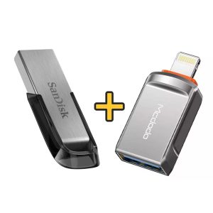 فلش مموری سن دیسک 128 گیگابایت SanDisk Ultra Flair + تبدیل OTG پورت لایتنینگ برند مک‌دودو