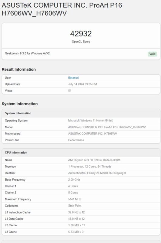 radeon 890m opencl test