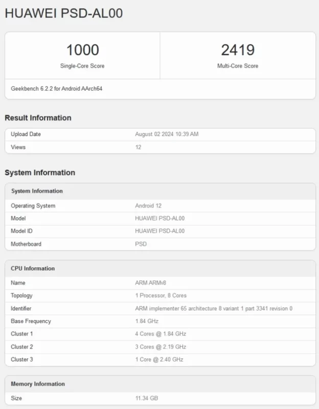 huawei nova flip geekbench score