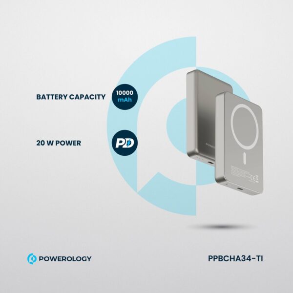 پاوربانک مگ سیف 10000 پاورولوژی Powerology Magsafe Aluminum Power Bank PPBCHA34 - تیتانیوم