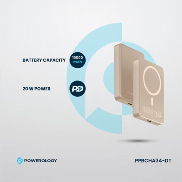پاوربانک مگ سیف 10000 پاورولوژی Powerology Magsafe Aluminum Power Bank PPBCHA34 - بژ