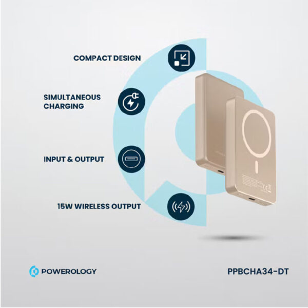 پاوربانک مگ سیف 10000 پاورولوژی Powerology Magsafe Aluminum Power Bank PPBCHA34 - بژ