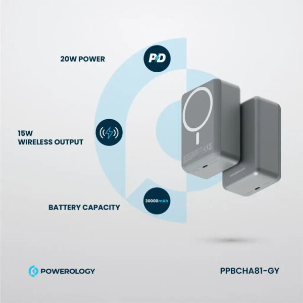 پاوربانک مگ سیف 30000 پاورولوژی Powerology Magsafe Aluminum Power Bank PPBCHA33 - خاکستری