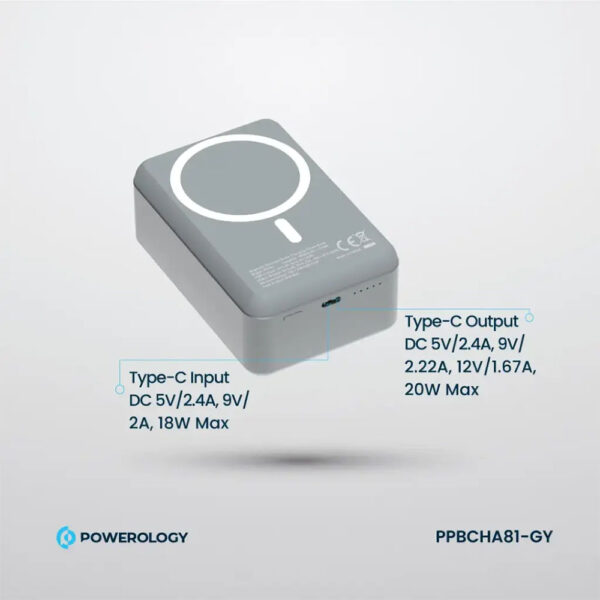 پاوربانک مگ سیف 30000 پاورولوژی Powerology Magsafe Aluminum Power Bank PPBCHA33 - خاکستری