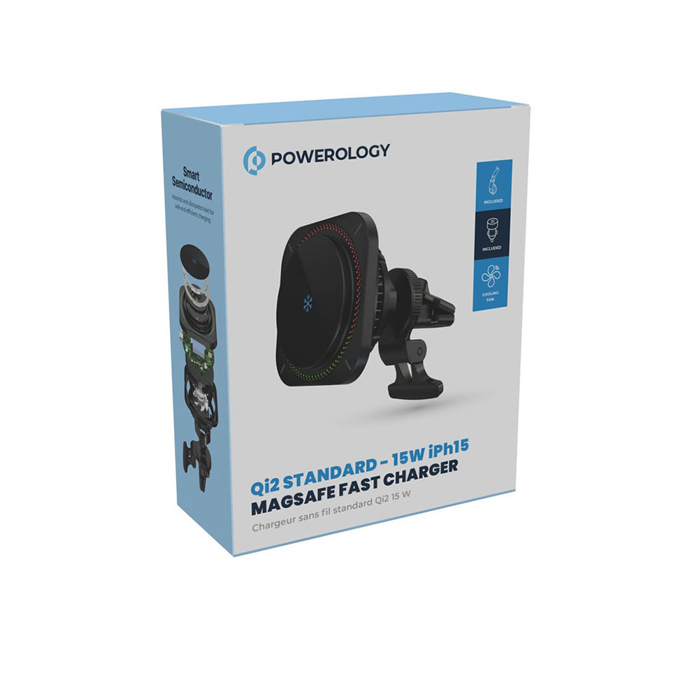 هولدر و شارژر مگ سیف همراه با فندکی پاورولوژی 15 وات مدل Qi2 Standard - 15W iPH15 رنگ مشکی