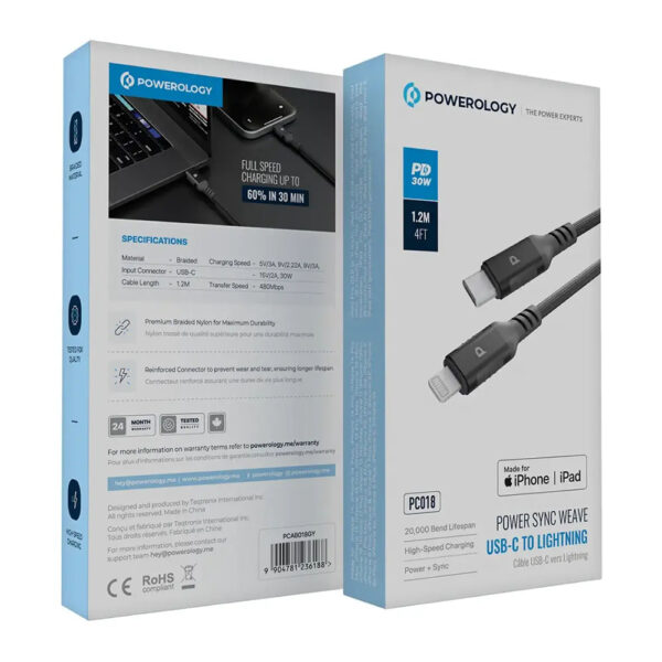کابل فست شارژ کنفی پاورلوژی 1.2 متری USB-C به Lightning مدل Power Sync Weave رنگ مشکی