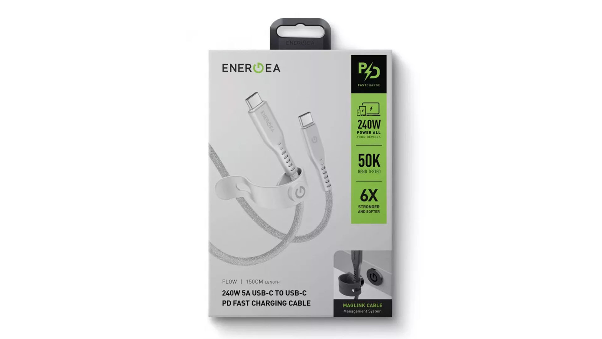 جعبه کابل فست شارژ کنفی انرژیا 1.5 متری 240 وات USB-C به USB-C مدل Energea FLOW رنگ سفید