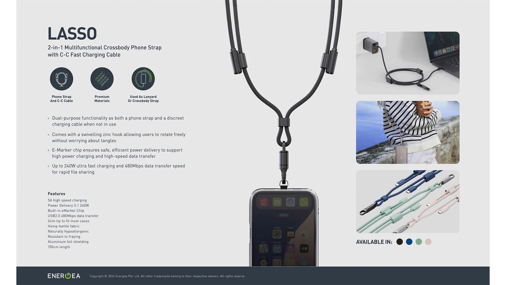 بند آویز و کابل شارژ 240 وات انرژیا Energea Lasso USB-C Cable 1.5M