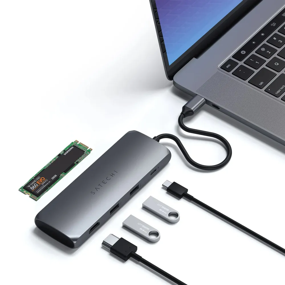هاب ۴ پورت ساتچی مدل Satechi 4in1 USB-C Hybrid W/SS Enclosure رنگ طوسی