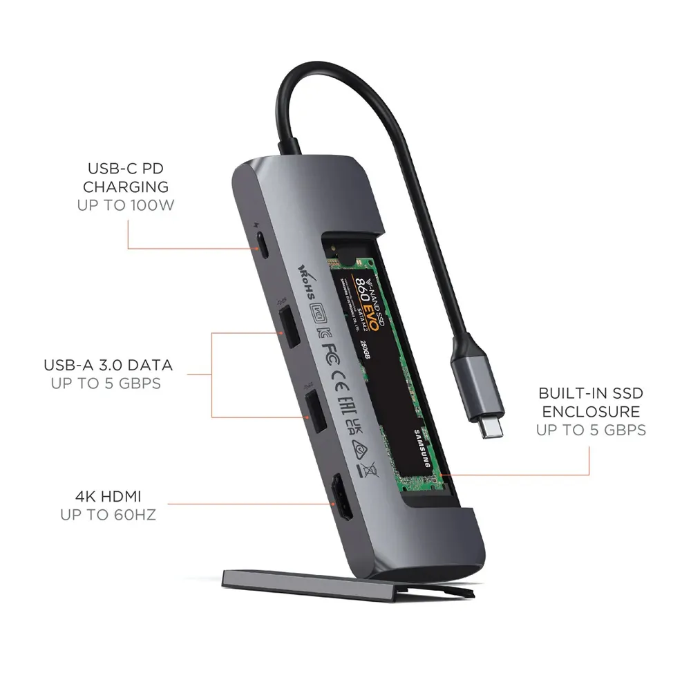 هاب ۴ پورت ساتچی مدل Satechi 4in1 USB-C Hybrid W/SS Enclosure رنگ طوسی