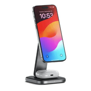 استند و شارژر وایرلس ۲ کاره ساتچی مدل Satechi Foldable Qi2 Wireless Charging Stand رنگ خاکستری